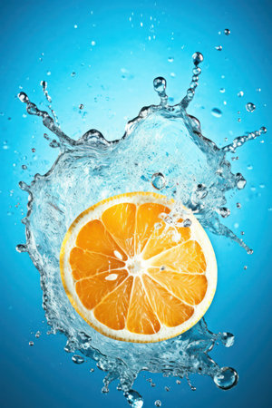 orange in water splash effect, blue background isolated studio lightsの写真素材
