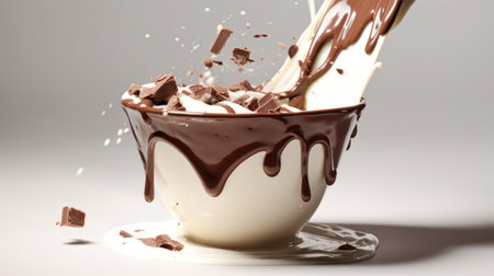 cup of chocolate creamy milk with splash effect isolatedの写真素材