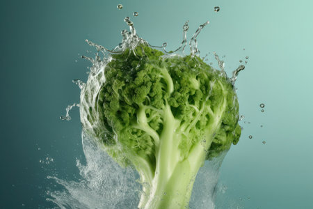 vegetables, broccoli isolated on a green background with water splash effectの写真素材