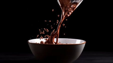 cup of chocolate creamy milk with splash effect isolatedの写真素材