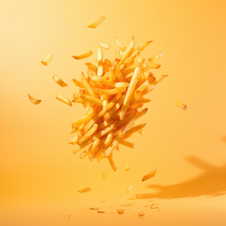 french fries potatoes isolated on a yellow orange backgroundの写真素材