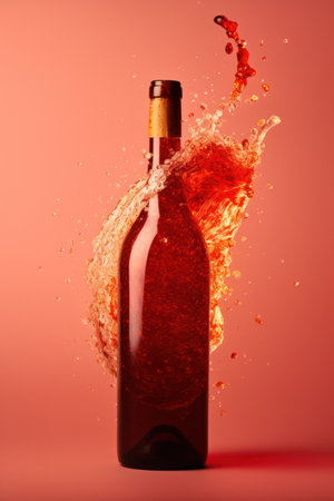 bottle of vine isolated on red background with splash effectの写真素材