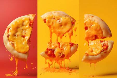 cheezy pizza isolated in a yellow backgroundの写真素材