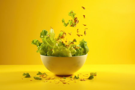 bowl of salad with splash effect isolated on yellow backgroundの写真素材