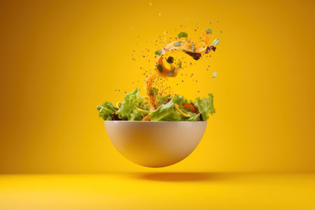 bowl of salad with splash effect isolated on yellow backgroundの写真素材