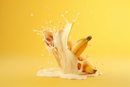 banana in a splash effect of milk in a light yellow color backgroundの写真素材