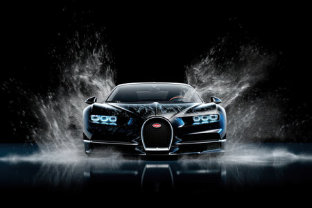 beautiful car isolated in a black background with water splash effectの写真素材