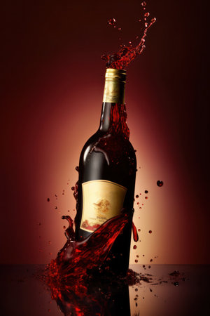 bottle of vine isolated on red background with splash effectの写真素材