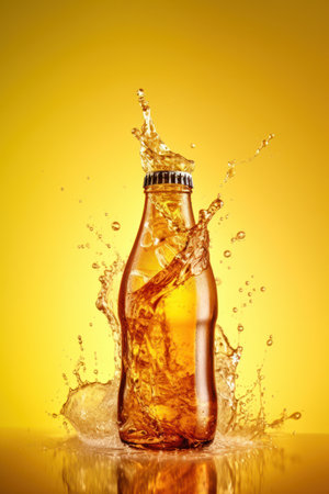 bottle of beer with splash effect isolated on a yellow orange backgroundの写真素材