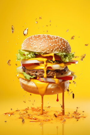 hamburger isolated on a yellow orange background with explosion effectの写真素材