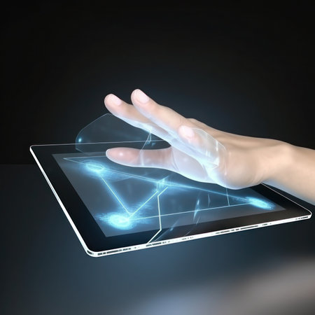 hand holding digital tablet isolated in a black backgroundの写真素材