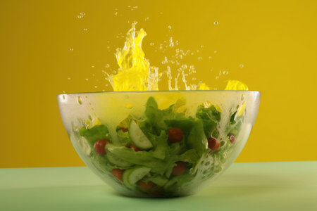 bowl of salad with splash effect isolated on yellow backgroundの写真素材