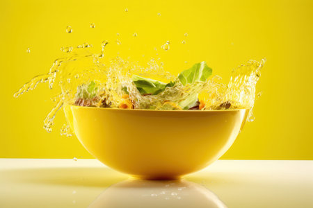 bowl of salad with splash effect isolated on yellow backgroundの写真素材