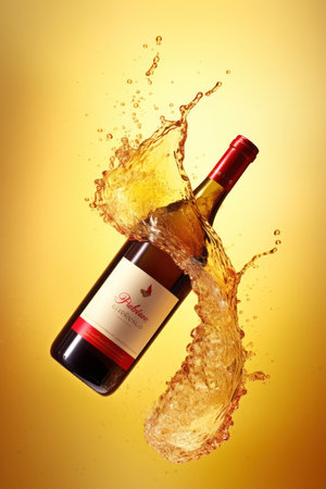 Bottle of red wine with water splash, isolated on yellow backgroundの写真素材