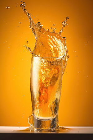 glass of beer with splash effect isolated on a yellow orange backgroundの写真素材