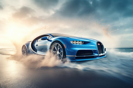 beautiful car along the beach with splash water effectの写真素材
