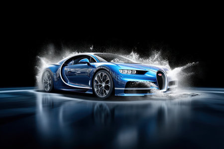 beautiful blue car isolated in a black background with water splash effectの写真素材