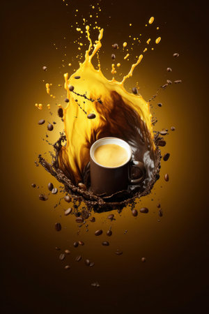 cup of coffee with splash effect isolated in brown backgroundの写真素材