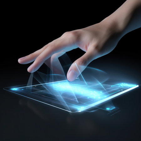 hand holding digital tablet isolated in a black backgroundの写真素材