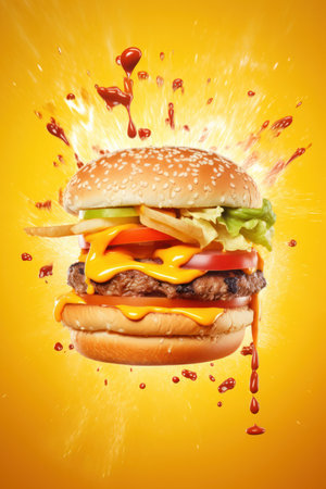 hamburger isolated on a yellow orange background with explosion effectの写真素材
