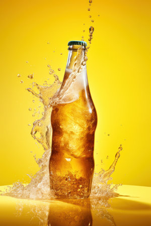 bottle of beer with splash effect isolated on a yellow orange backgroundの写真素材
