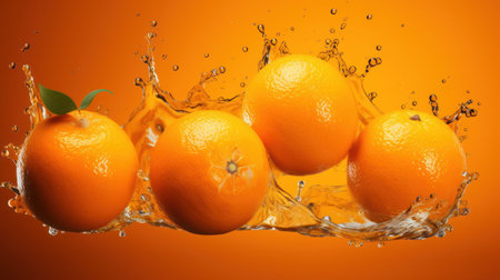 oranges with splash effect, isolated on a yellow orange backgroundの写真素材