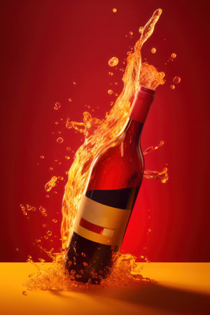 bottle of vine isolated on red background with splash effectの写真素材