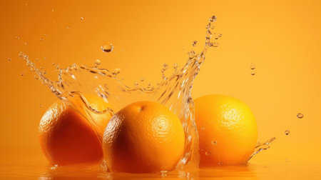 oranges with splash effect, isolated on a yellow orange backgroundの写真素材
