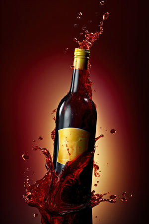 bottle of vine isolated on red background with splash effectの写真素材