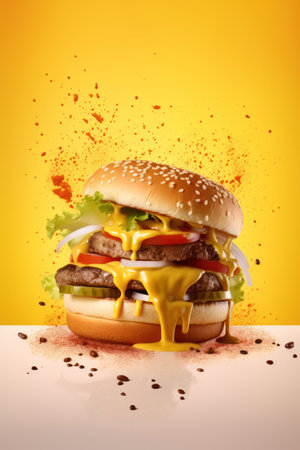 hamburger isolated on a yellow orange background with explosion effectの写真素材