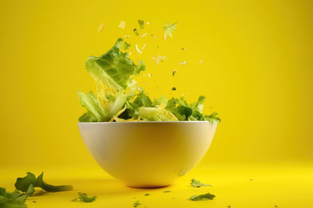 bowl of salad with splash effect isolated on yellow backgroundの写真素材