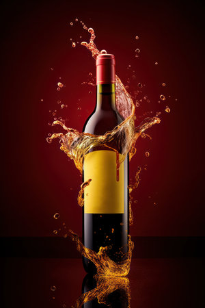 bottle of vine isolated on red background with splash effectの写真素材