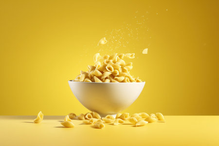 pasta in a bowl cup isolated on a yellow orange backgroundの写真素材