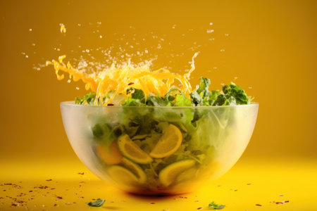 bowl of salad with splash effect isolated on yellow backgroundの写真素材