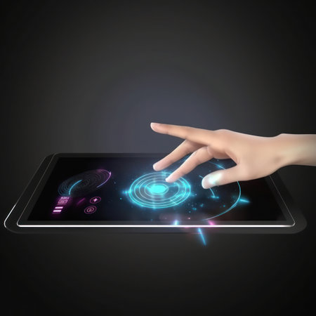 hand holding digital tablet isolated in a black backgroundの写真素材
