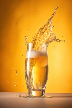 glass of beer with splash effect isolated on a yellow orange backgroundの写真素材