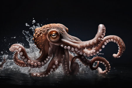 octopus in sea with splash effect isolated on dark backgroundの写真素材
