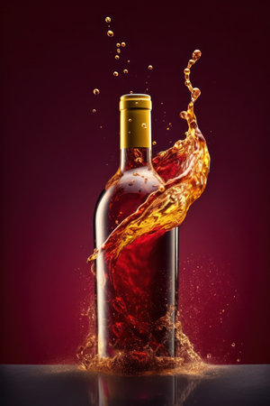 bottle of vine isolated on red background with splash effectの写真素材