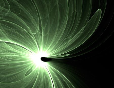 Green 3D rendered abstract fractal, isolated on black background.の写真素材