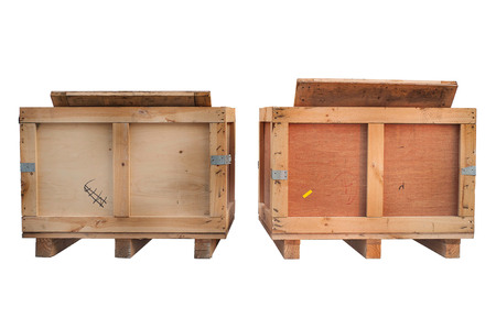 wood storage boxes isolated white, front viewの写真素材