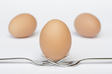 egg on the forks and white backgroundの写真素材