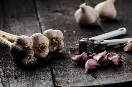 Cloves of garlic on a wooden black table. Fresh garlic bulb with iron garlic press. Vintage background. Farmer. Medicine and healthy. Traditional medicineの写真素材