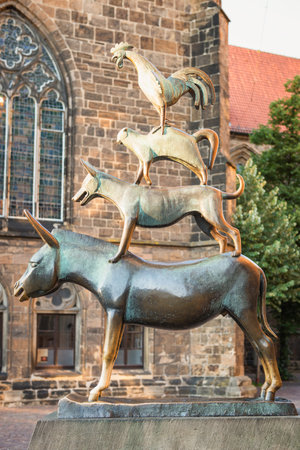 Bremen, Germany - May, 8 2013: Famous sculpture Bremer Stadtmusikanten. Sculptor of monument The Town Musicians of Bremen is Gerhard Marcks (1889-1981). The sculpture was installed in 1951.のeditorial素材
