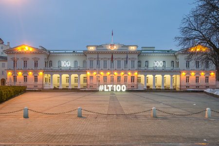 Vilnius, Lithunia - March 03. 2018 - View of the Vilnius Palace and the LT100 Sign, which celebrates the 100th anniversary of the restoration of the State.のeditorial素材