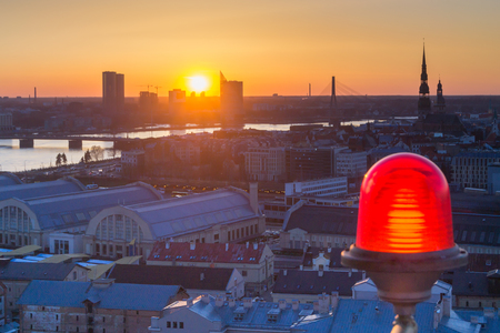 Sunset Riga, View from the Observation Deck of the Academy of Sciences. Foreground shows one of the Signal Lightsの写真素材