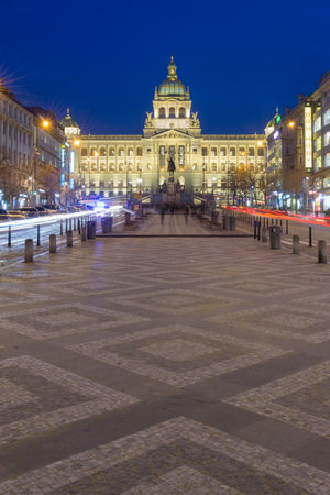 Prague, Czech Republic - January 23, 2019: National Museum and Wenceslas Square at nightのeditorial素材