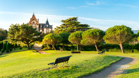 Comillas marquis monument facing the Cantabric sea and blue sky. Comillas, province of Santander, Spainのeditorial素材