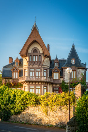 Comillas marquis monument facing the Cantabric sea and blue sky. Comillas, province of Santander, Spainのeditorial素材
