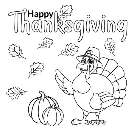 Cute cartoon turkey wearing a pilgrim hat wishes happy thanksgiving day outlined for coloring page on white background.のイラスト素材
