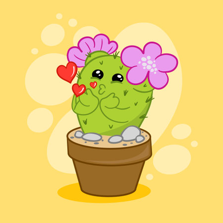 Cartoon cactus in a pot of pink flowers sends an air kiss on a yellow background. Flat vector illustration.のイラスト素材